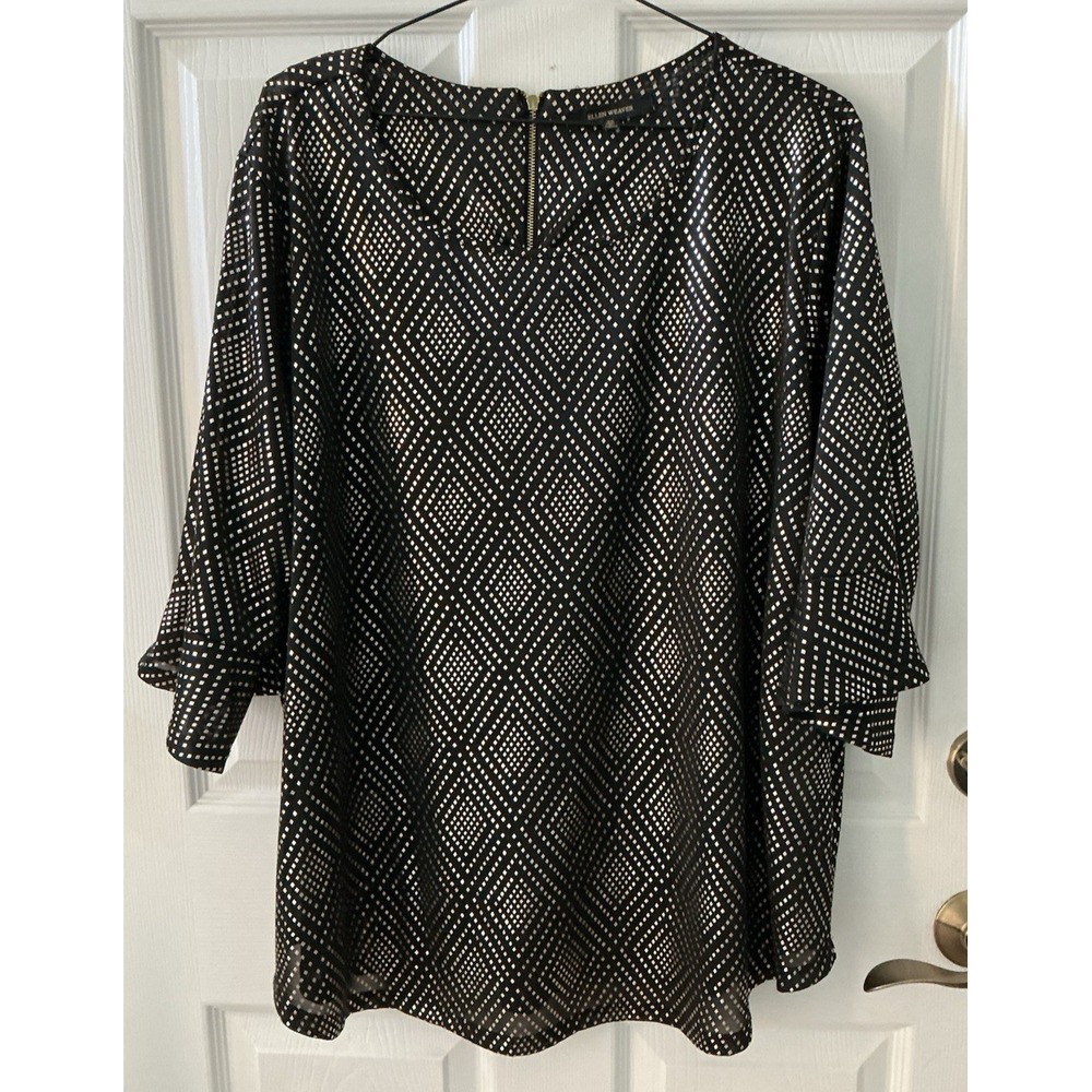 Ellen Weaver 3X Black Gold Metallic Diamond Print Top Back Zip